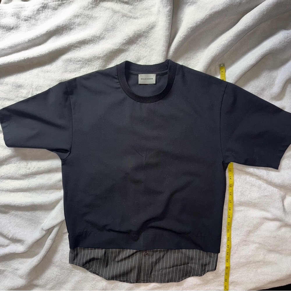 Solid Homme by Wooyoungmi Black Crewneck Top w Illusion Pinstripe Layer Medium